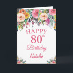 Carte rose 80e Anniversaire Fleurs florales<br><div class="desc">80e Anniversaire Floral Flowers Carte rose avec nom et âge personnalisés. Pour plus de personnalisation,  cliquez sur le bouton "Customiser" et utilisez notre outil de conception pour modifier ce modèle.</div>
