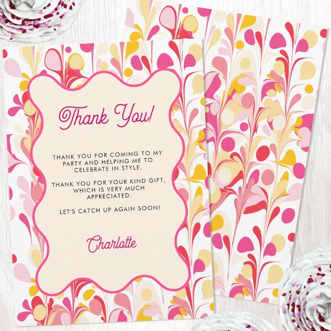 Carte rose Abstraite Merci moderne (Modern abstract groovy wavy pink yellow personalized thank you card with custom text)