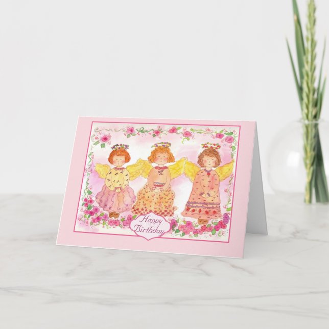 Carte Rose Angel Aquarelle Rose Fleurs Joyeux Anniversai (Devant)