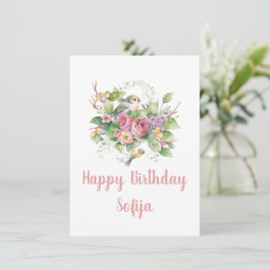 Carte Rose Aquarelle Fleur Oiseau
