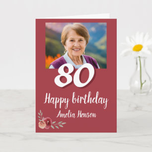Carte Rose aquarelle rouge Photo 80e anniversaire 