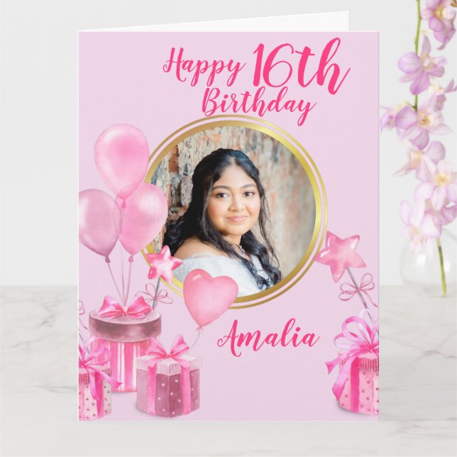 Carte Rose avec des cadeaux et ballons photo ronde (Orchidée)