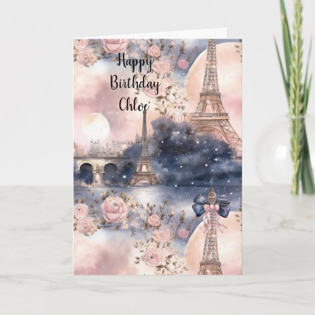 Carte Rose Bleu Tour Eiffel Paris Anniversaire Chic Fran (Devant)