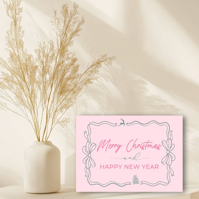 Carte Rose : Bow & Trees Doodles Holiday Folk Card (Pink: Bow & Trees Doodles Holiday Folded Card)