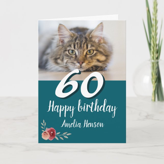 Carte Rose Chat Photo Aquarelle 60 ans  (Devant)