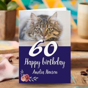 Carte Rose Chat Photo Aquarelle 60e Anniversaire 