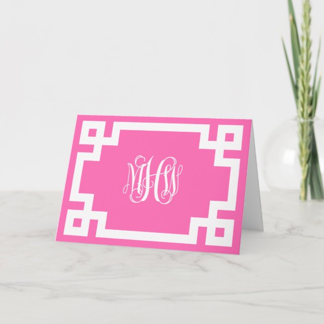 Carte Rose Chaud Monogramme de Vigne Script en Clé Grecq (Devant)