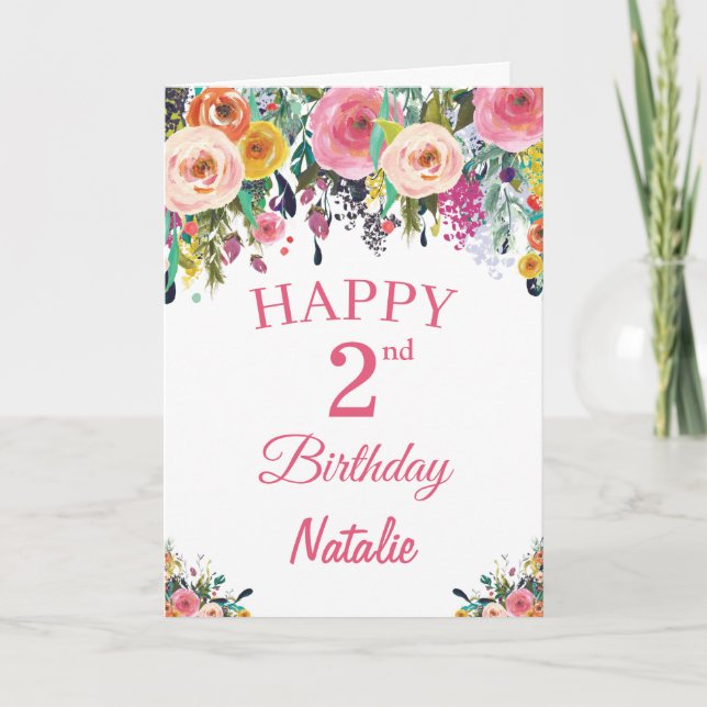 Carte rose d'aquarelle de 2e anniversaire (Devant)