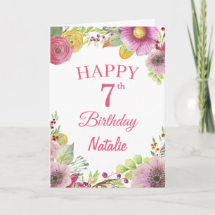 Carte rose d'aquarelle de 7e anniversaire Fleurs f
