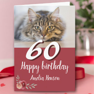 Carte Rose de couleur rouge aquarelle Chat Photo 60e ann