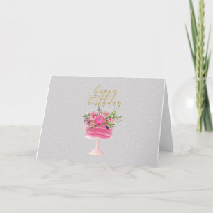 Carte rose de joyeux anniversaire de gâteau d'or