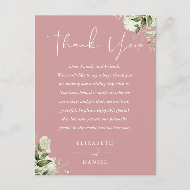 Carte Rose Dusty Greenery Merci Mariage Place (Devant)