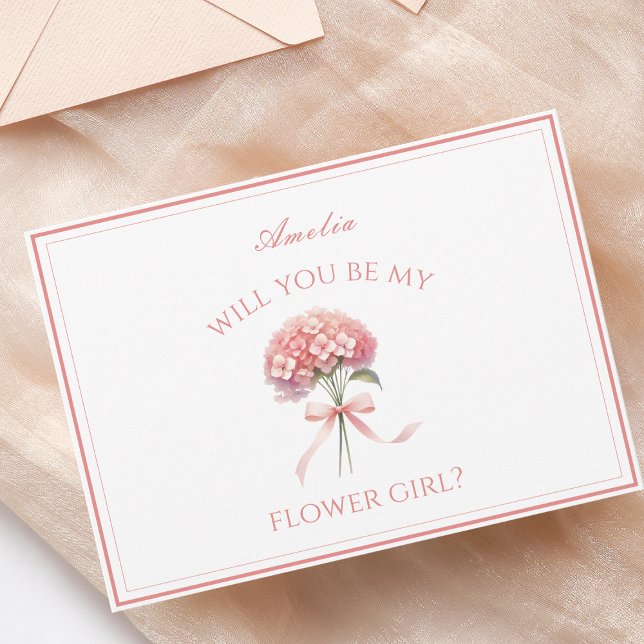 Carte Rose Dusty Personnalisé Hydrangea Fleur de Bow (Personalized flower girl card with a pink hydrangea design, perfect for a romantic garden wedding.)