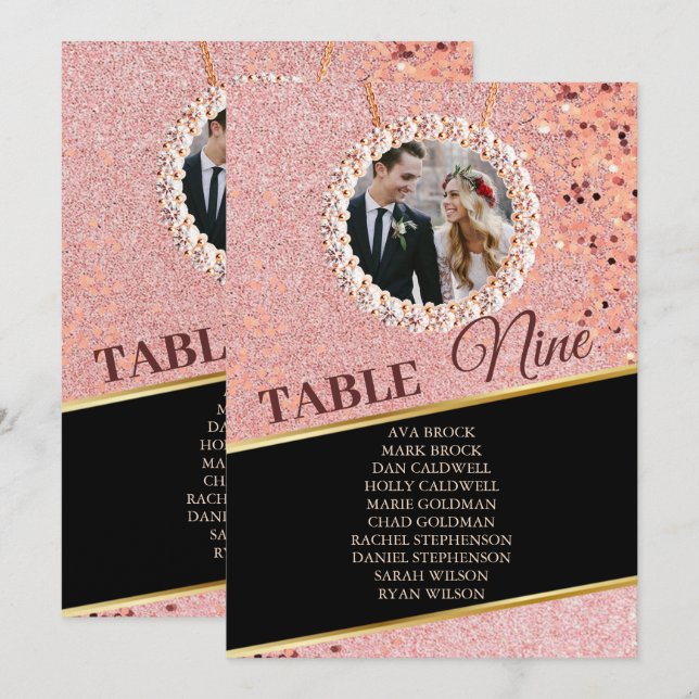 Carte Rose élégante Gold Photo Seating Chart (Devant / Derrière)