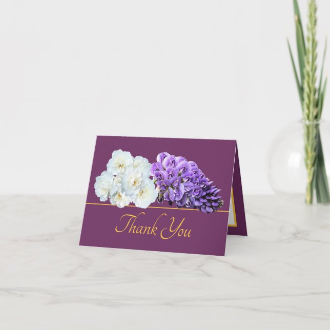 Carte Rose en or violet  à fleurs Merci (Devant)