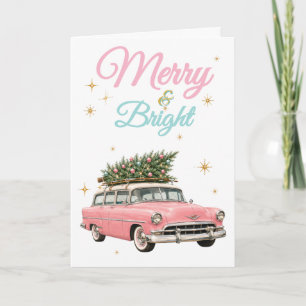 Carte Rose et lumineuse voiture rétro rose Noël vintage