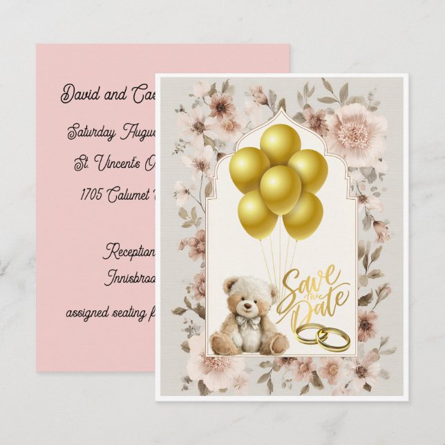 Carte Rose et Or pour Sauvegarder la Date (Devant / Derrière)
