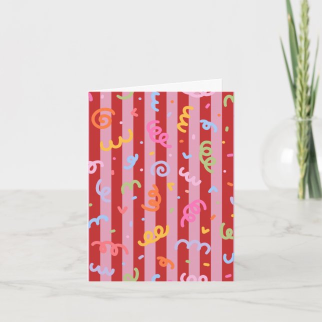 Carte Rose et rouge rayé, avec motif de confettis  (Devant)