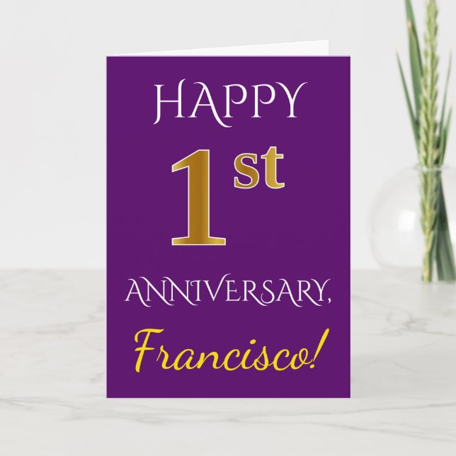 Carte Rose, Faux Or 1er Anniversaire de Mariage + Nom (Devant)