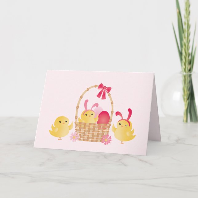 Carte rose Fille Joyeux Poussins de Pâques (Devant)