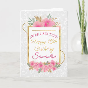 Carte Rose Floral Or Élégant Sweet Sixteen
