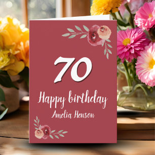 Carte Rose Florale Aquarelle Rouge 70e Anniversaire