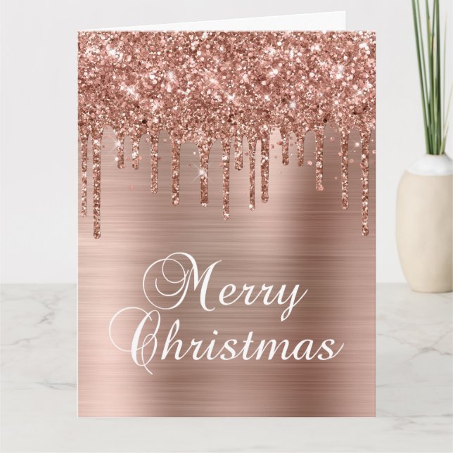 Carte Rose Gold Glitter Drips Metallic Merry Christmas (Devant)