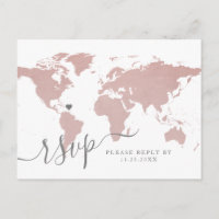Carte rose Gold Light Rose World Map Heart RSVP Po