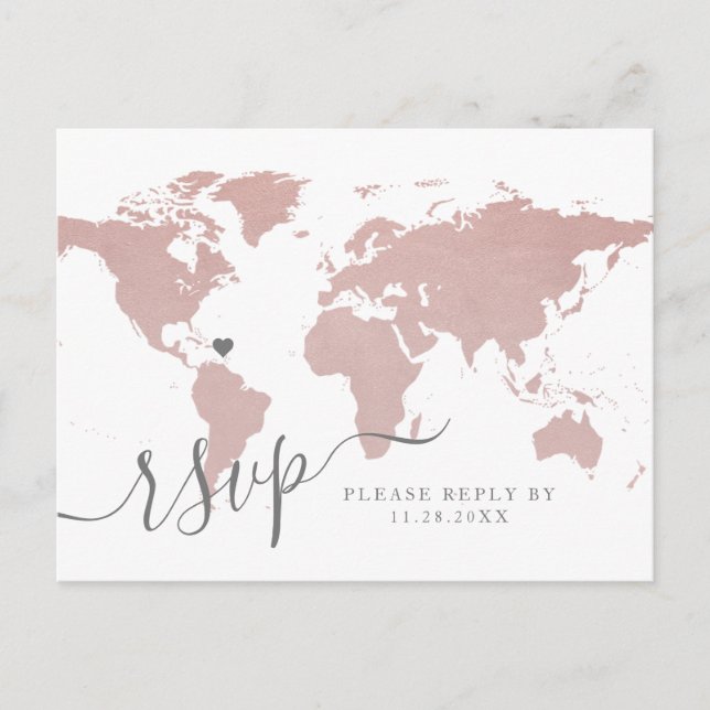 Carte rose Gold Light Rose World Map Heart RSVP Po (Devant)