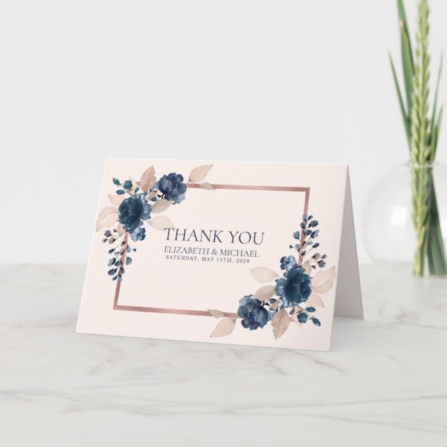 Carte Rose Gold Navy Blue Dusty Rose Floral Merci (Devant)