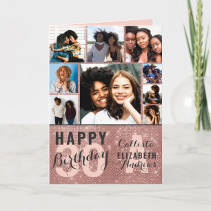 Carte Rose Gold Sequin Photo Collage Happy Birthday Card