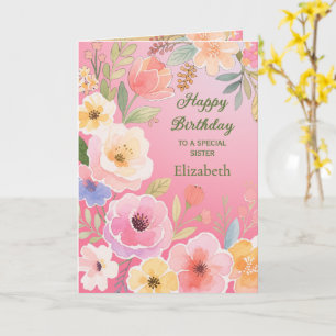 Carte Rose Jaune Bleu Vert Fleurs Soeur anniversaire