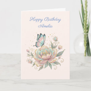 Carte Rose Magique et Papillon Couleurs Pastel Anniversa