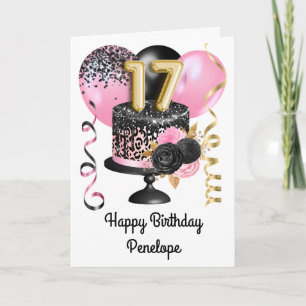 Carte Rose Noir et Or 17ème Anniversaire pour Elle