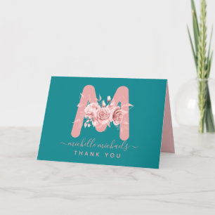 Carte Rose or Turquoise Merci Floral Monogramme