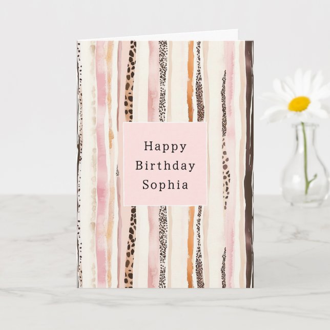 Carte Rose Pâle Crème Marron Léopard Animal Anniversaire (Petite plante)