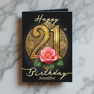 Carte Rose rose et Filigree or Numéro 21e anniversaire
