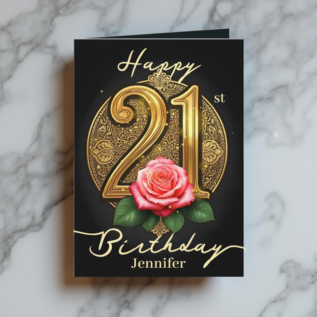 Carte Rose rose et Filigree or Numéro 21e anniversaire (Créateur téléchargé)