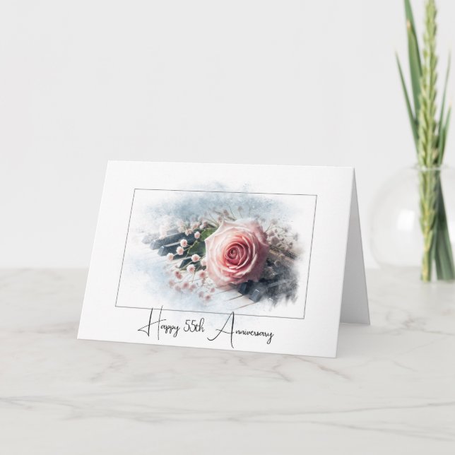 Carte Rose rose sur piano pour 55ème anniversaire (Devant)