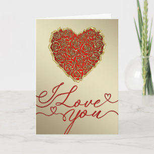 Carte Rose rouge et or Cœur Je t'aime