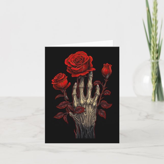 Carte Rose Squelette Crâne Main Fleur Rouge Rose 1  (Devant)