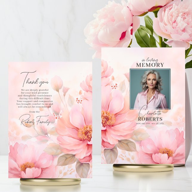 Carte Rose - Sympathie rose Merci funéraire | PHOTO (Feminine Vintage Roses Blush Pink Funeral Thank You  PHOTO | Memorial Service)