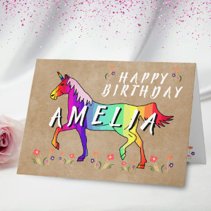 Carte Rose Unicorn Fleur Vieux Papier Girl Joyeux Annive