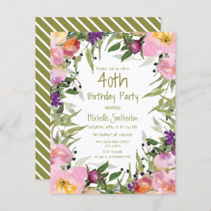 Carte Rose violet Floral Vert Feuilles 40e anniversaire