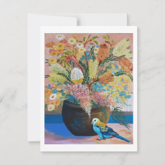 Carte Rosella à tête pâle australienne et fleurs s