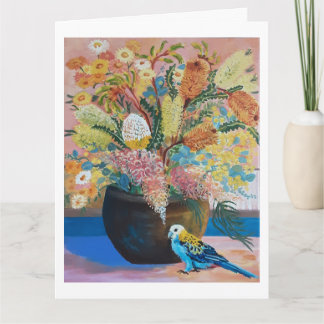 Carte Rosella à tête pâle australienne et fleurs s