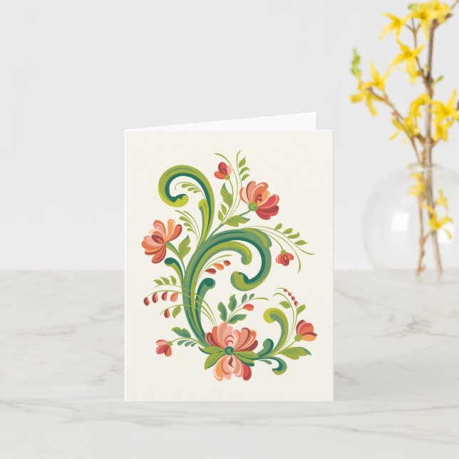 Carte Rosemaling en rouge et rose (Fleur jaune)