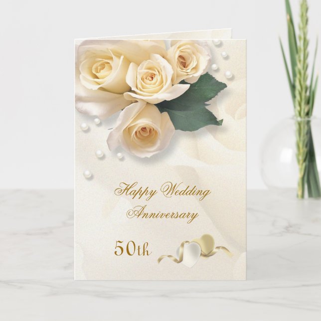 Carte Roses à la crème de pêche, cœurs 50e anniversaire  (Devant)