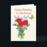 Carte Roses and Lilacs Birthday Friend, Funny Humorous<br><div class="desc">This beautiful and sentimental birthday card for a friend has a pretty bouquet of three red roses and light purple lilacs. The bouquet is tied with a light green satin ribbon bow. A pretty light green butterfly hovers nearby. I have used a light cream colored background but you can change...</div>
