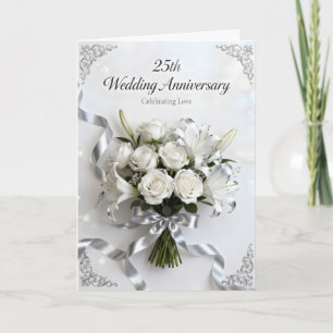 Carte Roses blanches et ruban d'argent 25e anniversaire